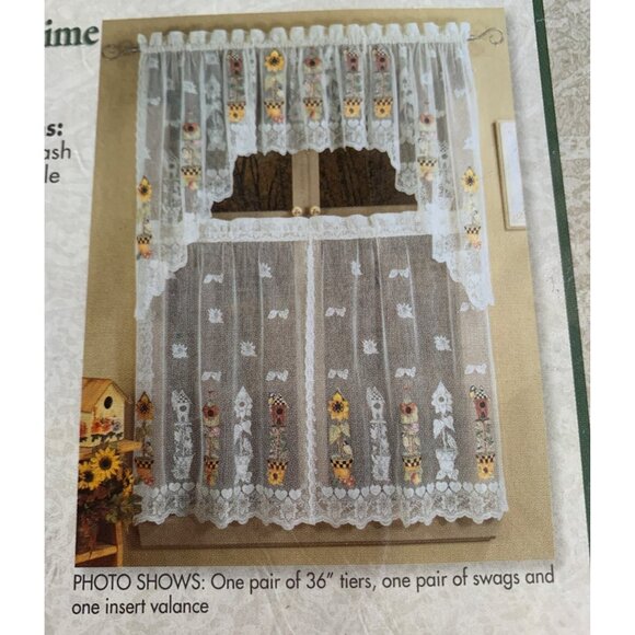 Springtime Swag Lace Curtains with Floral Design 58"x38" White Window Décor - Picture 2 of 15